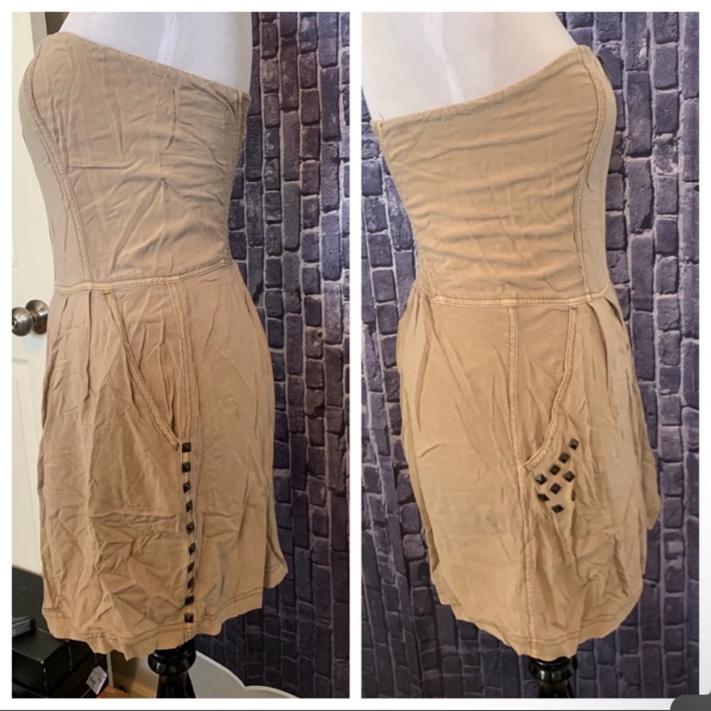Studded Khaki Zip-Front Strapless Dress - Picture 3 of 3